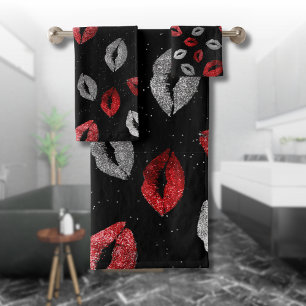 Valentines Red Silver Glitter Lips on Black Bath Towel Set