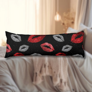 Valentines Red Silver Glitter Lips on Black Body Pillow