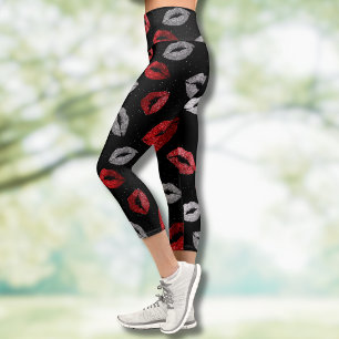 Valentines Red Silver Glitter Lips on Black  Capri Leggings