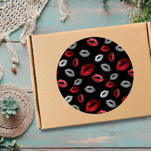 Valentines Red Silver Glitter Lips on Black Classic Round Sticker