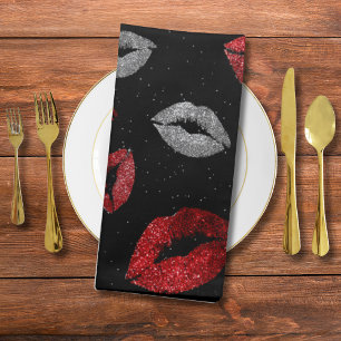 Valentines Red Silver Glitter Lips on Black  Cloth Napkin