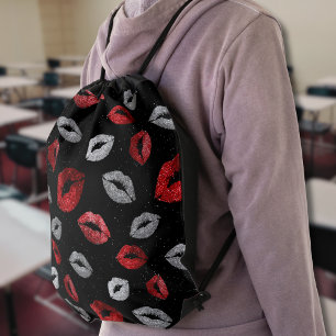 Valentines Red Silver Glitter Lips on Black  Drawstring Bag