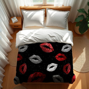 Valentines Red Silver Glitter Lips on Black  Duvet Cover