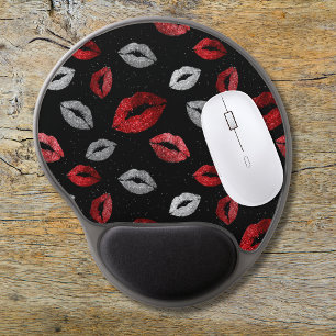 Valentines Red Silver Glitter Lips on Black  Gel Mouse Pad