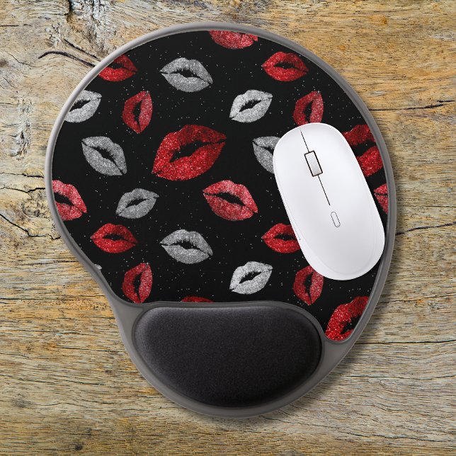 Valentines Red Silver Glitter Lips on Black  Gel Mouse Pad (Creator Uploaded)