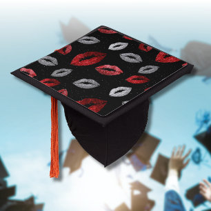 Valentines Red Silver Glitter Lips on Black Graduation Cap Topper