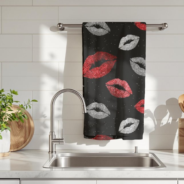 Valentines Red Silver Glitter Lips on Black  Kitchen Towel (Creator Uploaded)