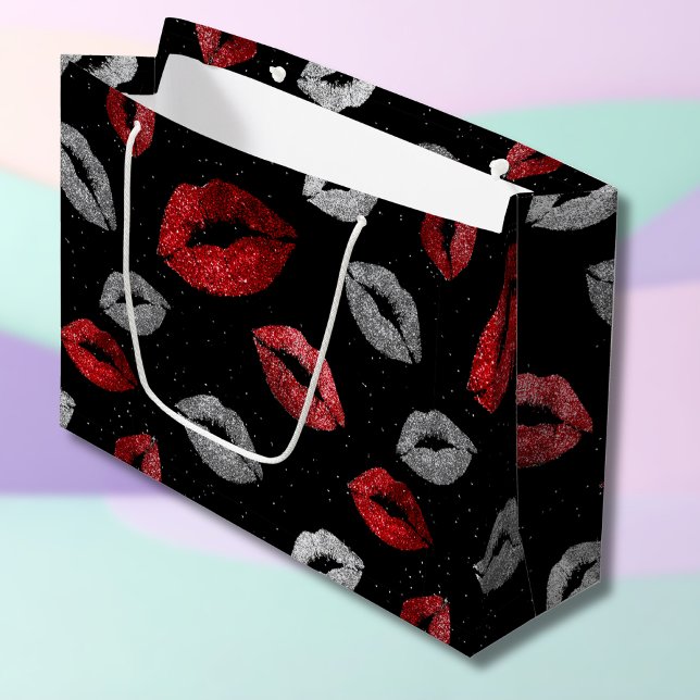 Valentines Red Silver Glitter Lips on Black  Large Gift Bag (Creator Uploaded)