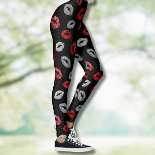 Valentines Red Silver Glitter Lips on Black Leggings