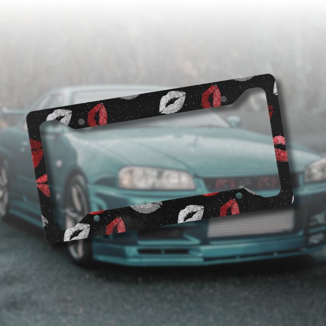 Valentines Red Silver Glitter Lips on Black  License Plate Frame (Creator Uploaded)