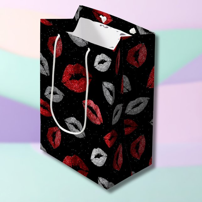 Valentines Red Silver Glitter Lips on Black  Medium Gift Bag (Creator Uploaded)