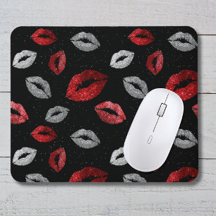 Valentines Red Silver Glitter Lips on Black  Mouse Pad