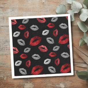 Valentines Red Silver Glitter Lips on Black  Napkins