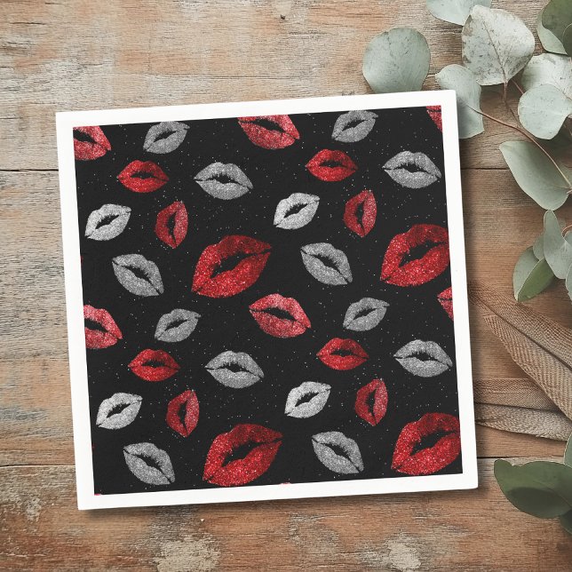 Valentines Red Silver Glitter Lips on Black  Napkins (Creator Uploaded)