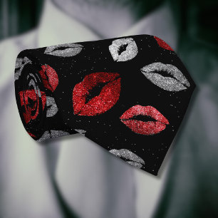 Valentines Red Silver Glitter Lips on Black Neck Tie