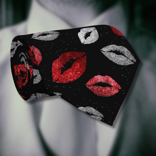 Valentines Red Silver Glitter Lips on Black  Neck Tie (Creator Uploaded)