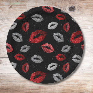 Valentines Red Silver Glitter Lips on Black  Paper Plates