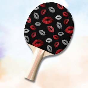 Valentines Red Silver Glitter Lips on Black  Ping Pong Paddle