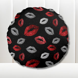 Valentines Red Silver Glitter Lips on Black Round Pillow