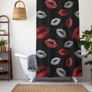 Valentines Red Silver Glitter Lips on Black Shower Curtain