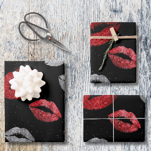 Valentines Red Silver Glitter Lips on Black  Wrapping Paper Sheets