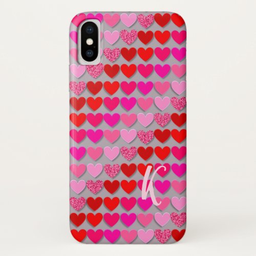 Valentines red sparkly hearts monogram design iPhone x case