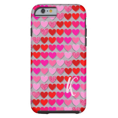 Valentines red sparkly hearts monogram design tough iPhone 6 case