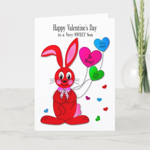 Valentines  Son Red Bunny Heart Balloons Card