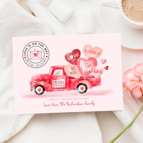 Valentines Special Delivery Red Watercolor Truck Holiday Card