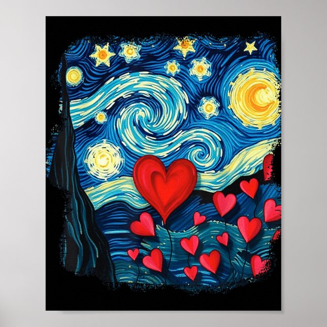 Valentines Starry Night Van Gogh Love Hearts Flowe Poster (Front)