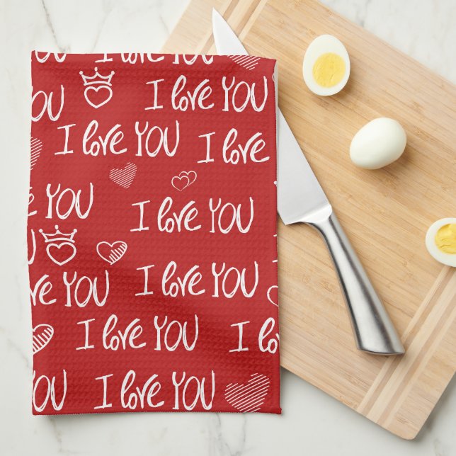 Valentine's theme Red White I love You Pattern Kitchen Towel (Quarter Fold)