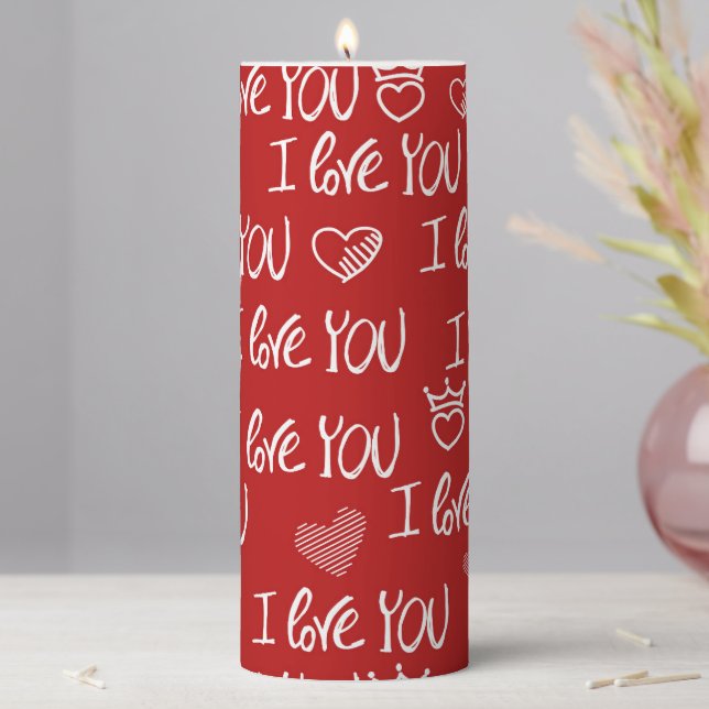 Valentine's theme Red White I love You Pattern Pillar Candle (In Situ)