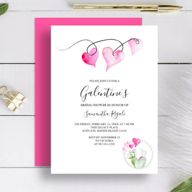Valentines Themed Bridal Shower Invitation (Bridal shower invitation for Valentine's Day features watercolor pink hearts and cactus Victoria )