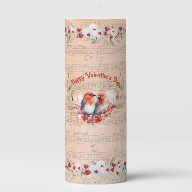 Valentine's Timeless Love Birds and Music Notes  Pillar Candle (Front)