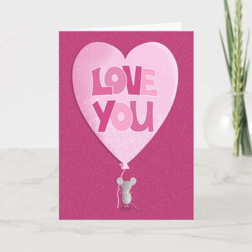Valentines Tiny Mouse with Large Heart Balloon Holiday Card
