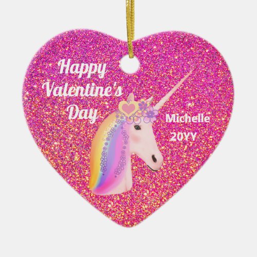 Valentines Unicorn Pink Glitter Personalized Ceramic Ornament