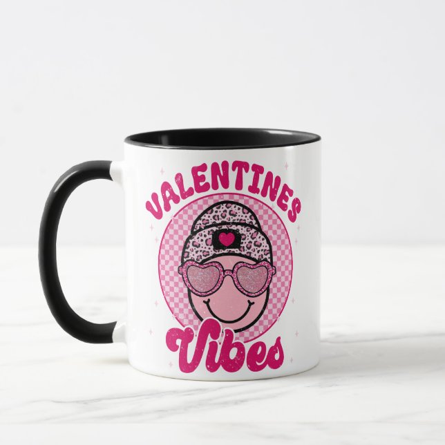 Valentines Vibes Happy Face Design • Pink Leopard  Mug (Left)
