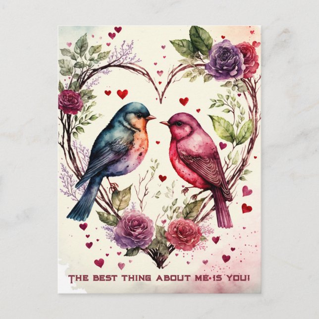 Valentine's Watercolor Birds Holiday Postcard (Front)