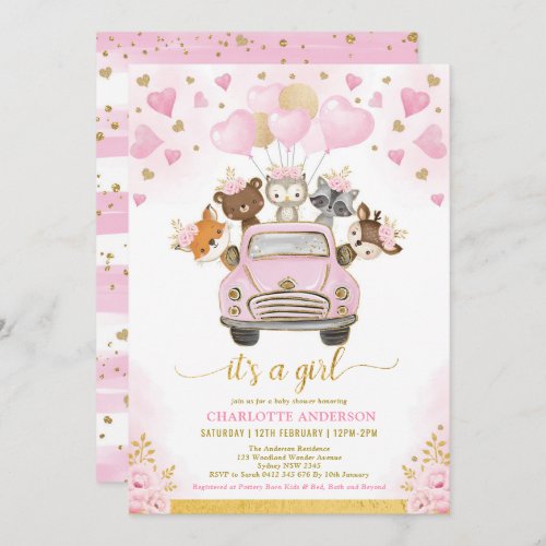 Valentines Woodland Pink Gold Balloons Baby Shower Invitation