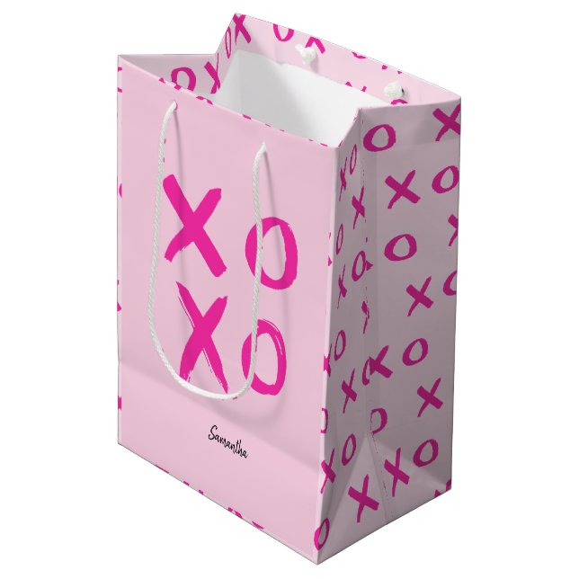 Valentine'sSimple Modern XOXO Pink Personalized Medium Gift Bag (Front Angled)