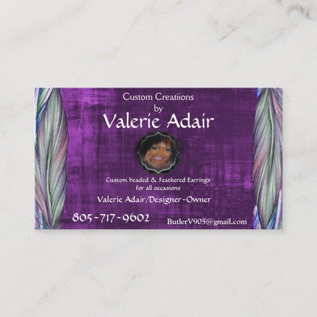 Valerie's Feather Wings  Earrings Business Card (Front)