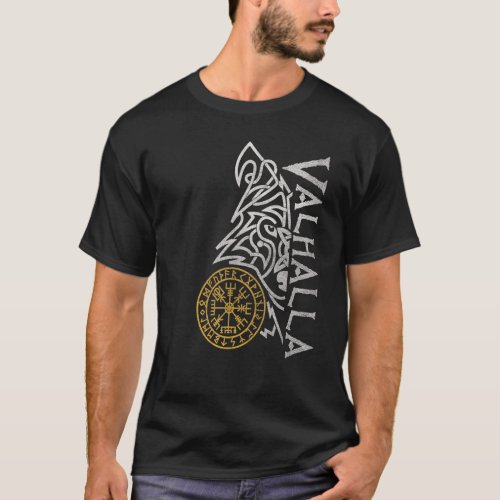 Valhalla Wolf Mask Odin Runes Norse Compass Viking T_Shirt