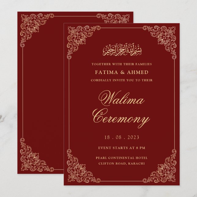 Valima Red Gold Islamic Muslim Wedding Invitation (Front/Back)