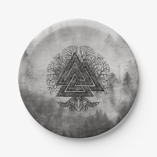 Valknut and Tree of Life Yggdrasil Paper Plates (Front)