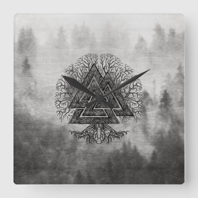 Valknut and Tree of Life Yggdrasil Square Wall Clock (Front)