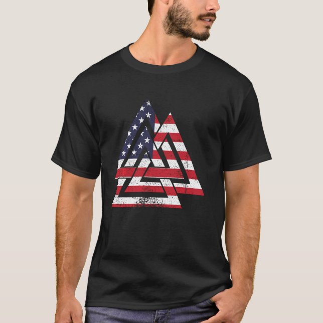 Valknut Symbol America Usa Flag Patriotic Viking W T-Shirt (Front)