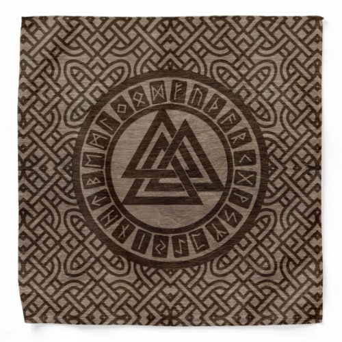 Valknut Symbol and Runes on Celtic Pattern on Wood Bandana