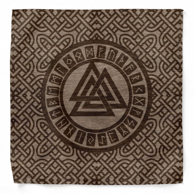 Valknut Symbol and Runes on Celtic Pattern on Wood Bandana (Front)