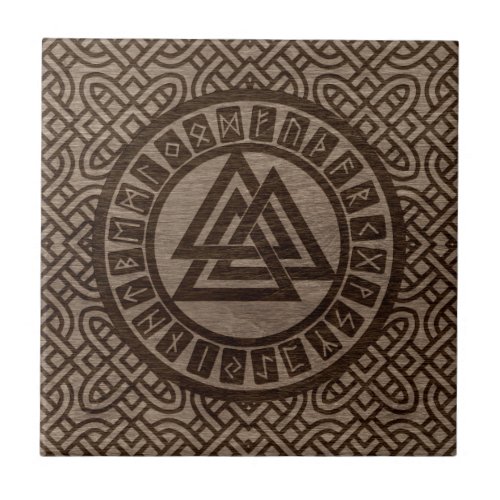 Valknut Symbol and Runes on Celtic Pattern on Wood Ceramic Tile