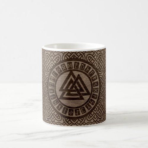 Valknut Symbol and Runes on Celtic Pattern on Wood Coffee Mug